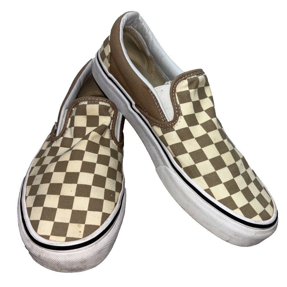 VANS Off The Wall Beige/Brown Checkerboard Slip On Shoes Men 7 Women 8.5
